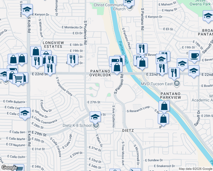 map of restaurants, bars, coffee shops, grocery stores, and more near 7662 East 22nd Street in Tucson