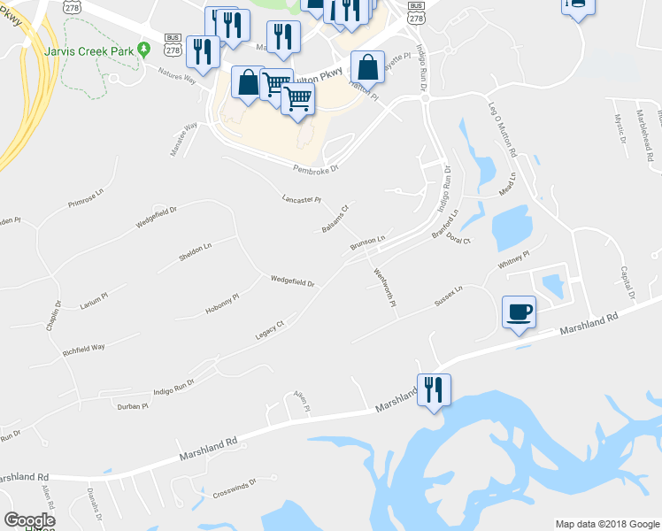 map of restaurants, bars, coffee shops, grocery stores, and more near 1 Brunson Lane in Hilton Head Island