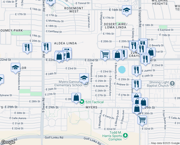 map of restaurants, bars, coffee shops, grocery stores, and more near 1333 South Frances Avenue in Tucson