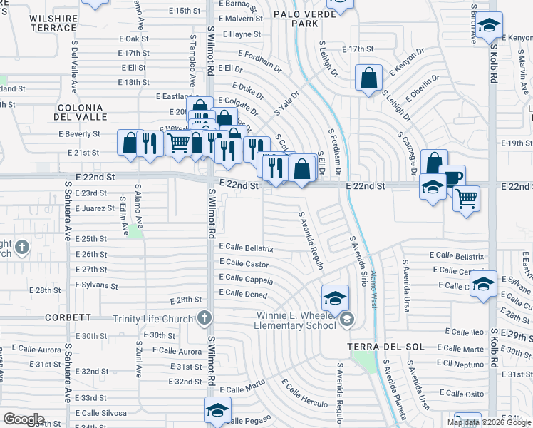 map of restaurants, bars, coffee shops, grocery stores, and more near 6401 East Calle Alkaid in Tucson