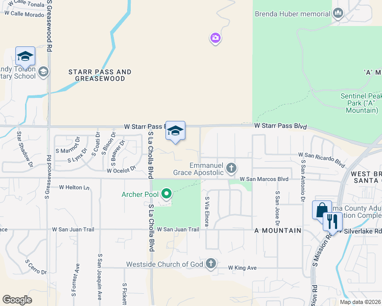 map of restaurants, bars, coffee shops, grocery stores, and more near 1200 Camino Santiago South in Tucson
