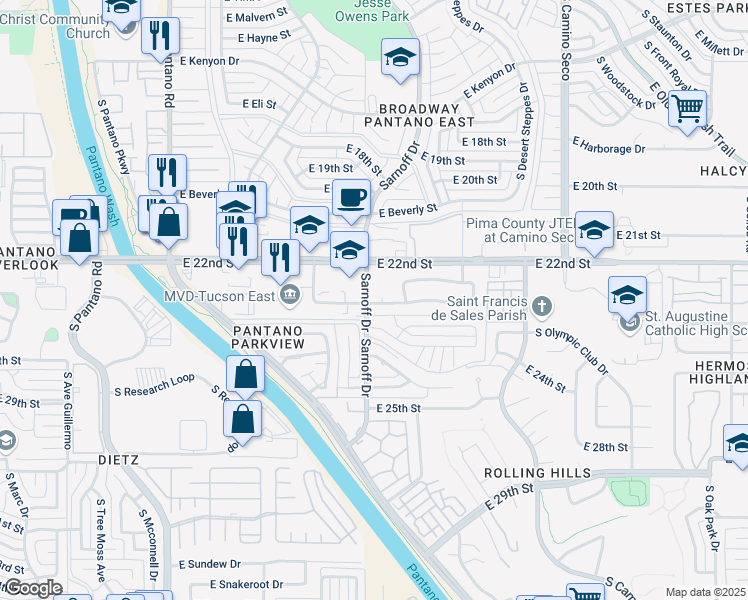 map of restaurants, bars, coffee shops, grocery stores, and more near 8285 East Bowline Road in Tucson