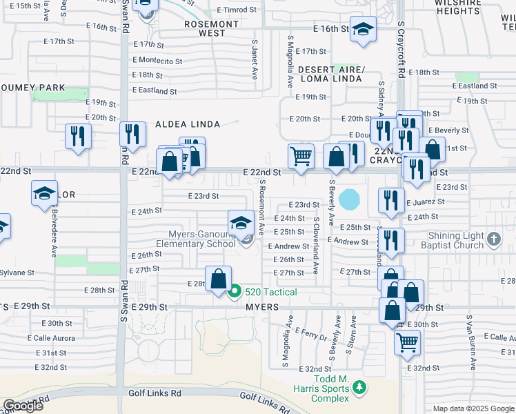 map of restaurants, bars, coffee shops, grocery stores, and more near 1333 South Frances Avenue in Tucson