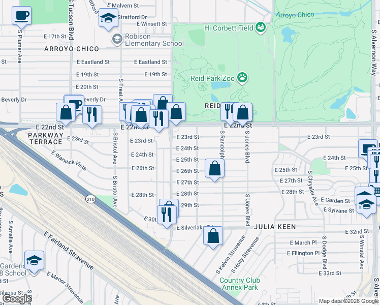map of restaurants, bars, coffee shops, grocery stores, and more near 3166 East 24th Street in Tucson