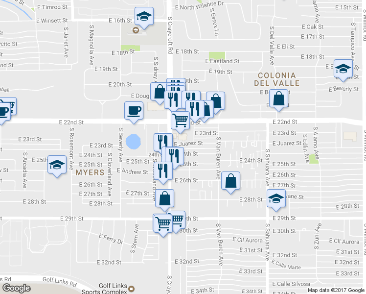 map of restaurants, bars, coffee shops, grocery stores, and more near 5526 East Juarez Street in Tucson