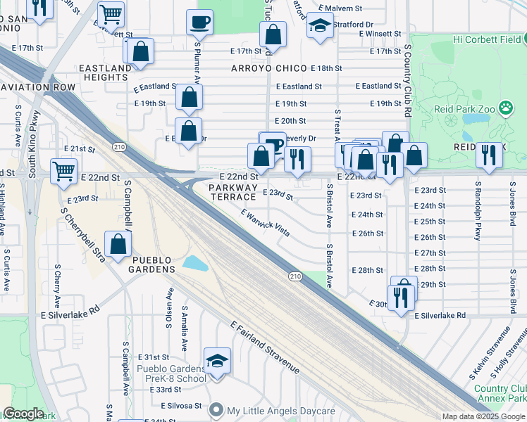 map of restaurants, bars, coffee shops, grocery stores, and more near 1406 South Tucson Boulevard in Tucson