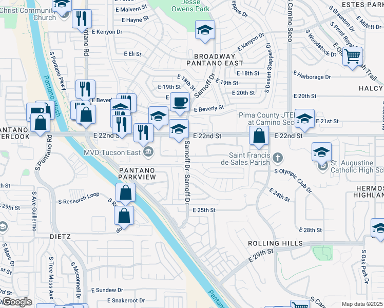map of restaurants, bars, coffee shops, grocery stores, and more near 8285 East Bowline Road in Tucson