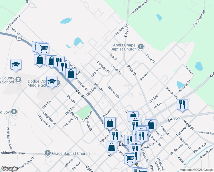 map of restaurants, bars, coffee shops, grocery stores, and more near 5542 Norman Street in Eastman