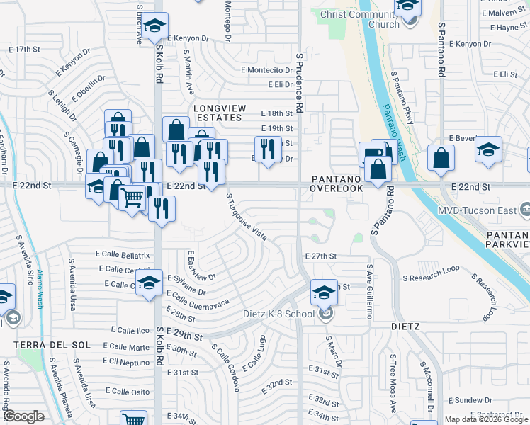 map of restaurants, bars, coffee shops, grocery stores, and more near 7406 East Juarez Street in Tucson