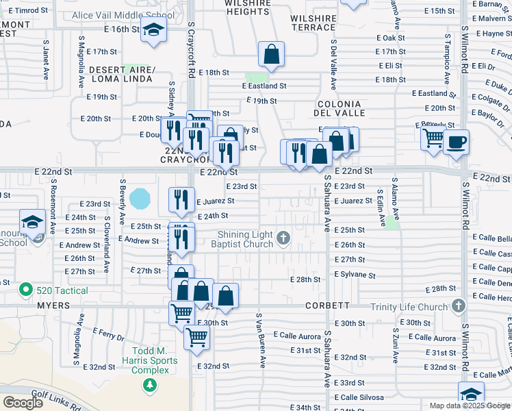 map of restaurants, bars, coffee shops, grocery stores, and more near 5658 E Juarez St in Tucson