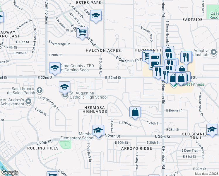 map of restaurants, bars, coffee shops, grocery stores, and more near 9127 East Calle Diego in Tucson