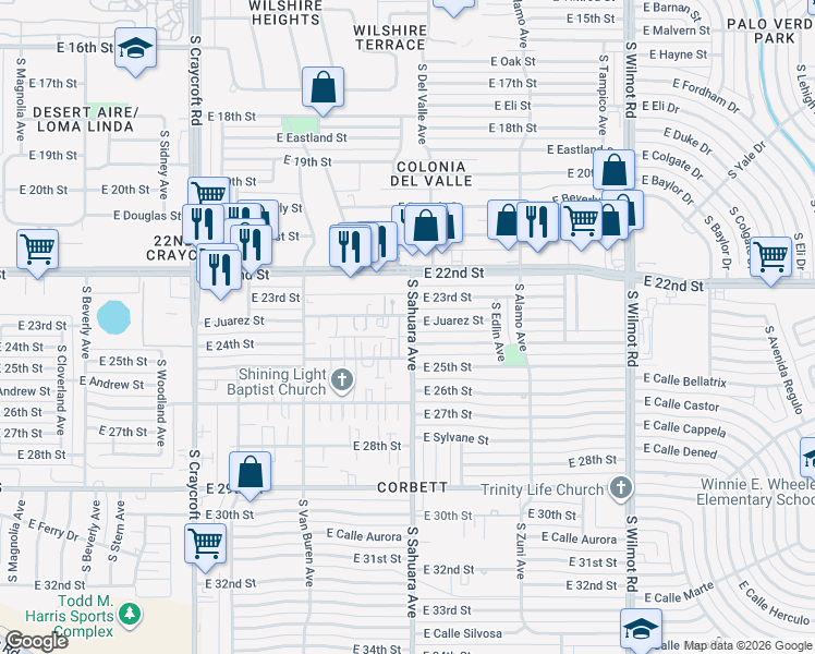 map of restaurants, bars, coffee shops, grocery stores, and more near 1308 South Sahuara Avenue in Tucson