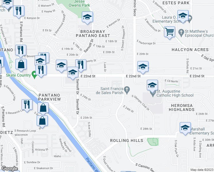 map of restaurants, bars, coffee shops, grocery stores, and more near 8505 East Bowline Road in Tucson