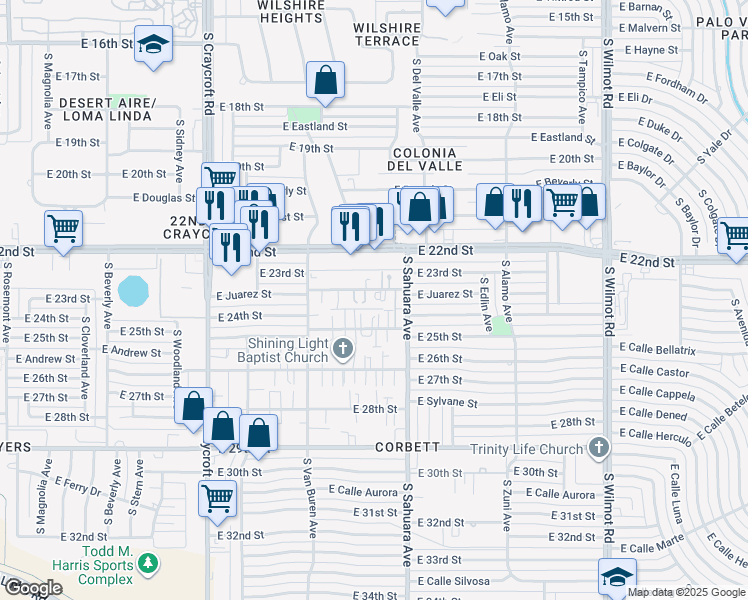 map of restaurants, bars, coffee shops, grocery stores, and more near 5820 E 23rd St in Tucson