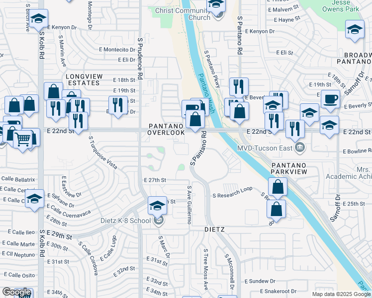 map of restaurants, bars, coffee shops, grocery stores, and more near 7668 East 22nd Street in Tucson