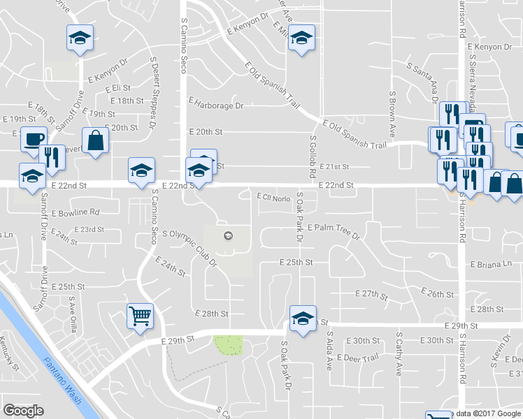 map of restaurants, bars, coffee shops, grocery stores, and more near 8917 East Calle Diego in Tucson