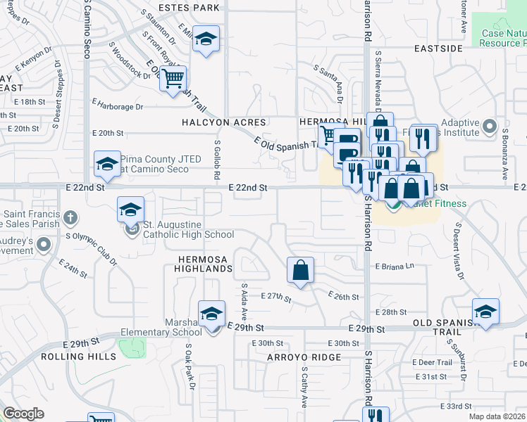 map of restaurants, bars, coffee shops, grocery stores, and more near 9233 East Calle Diego in Tucson