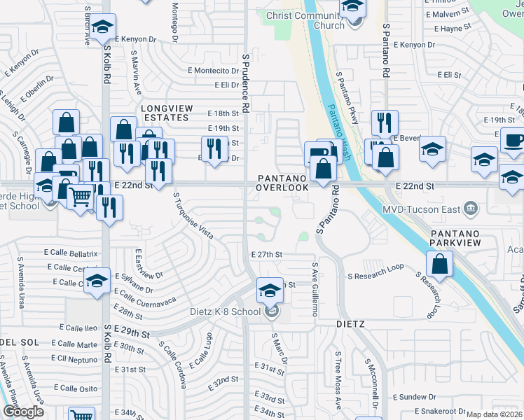 map of restaurants, bars, coffee shops, grocery stores, and more near 7510 East Juarez Street in Tucson