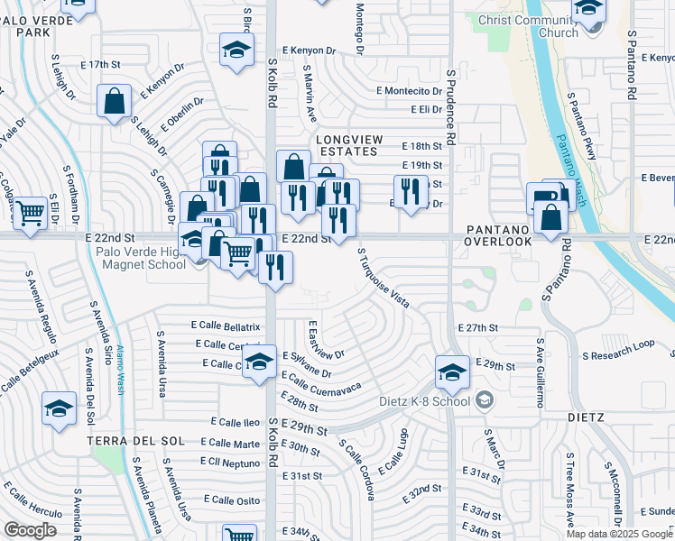 map of restaurants, bars, coffee shops, grocery stores, and more near 1210 South Turquoise Vista in Tucson