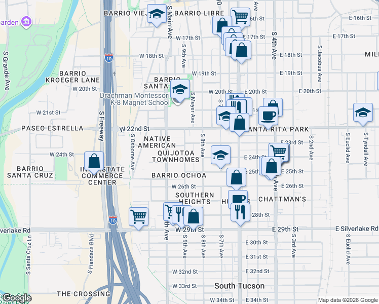 map of restaurants, bars, coffee shops, grocery stores, and more near 1321 South 9th Avenue in Tucson