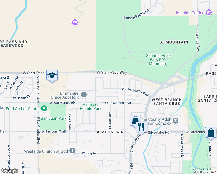 map of restaurants, bars, coffee shops, grocery stores, and more near 1702 West San Ricardo Boulevard in Tucson