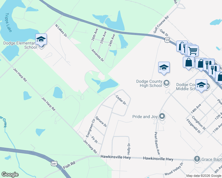map of restaurants, bars, coffee shops, grocery stores, and more near 1000 Evergreen Circle in Eastman