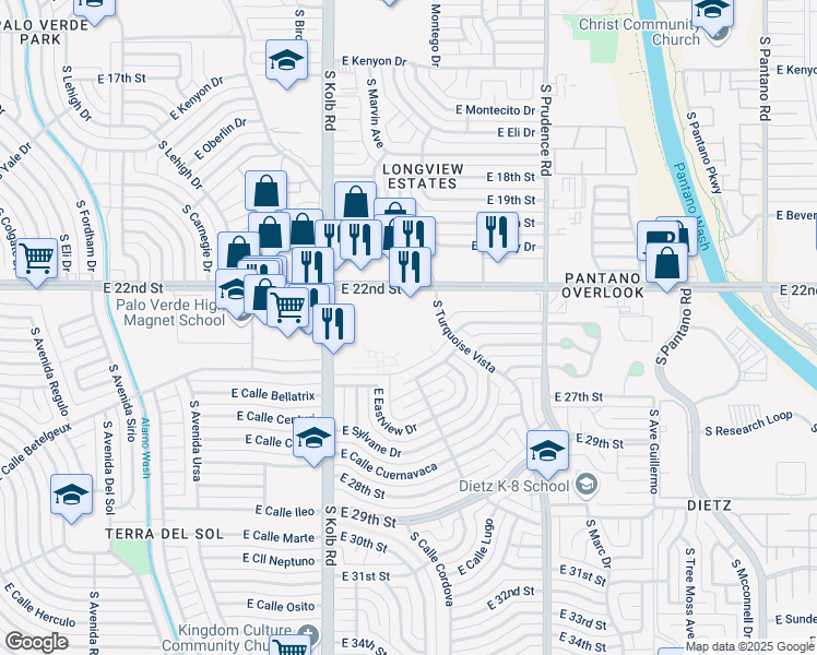 map of restaurants, bars, coffee shops, grocery stores, and more near 1210 South Turquoise Vista in Tucson