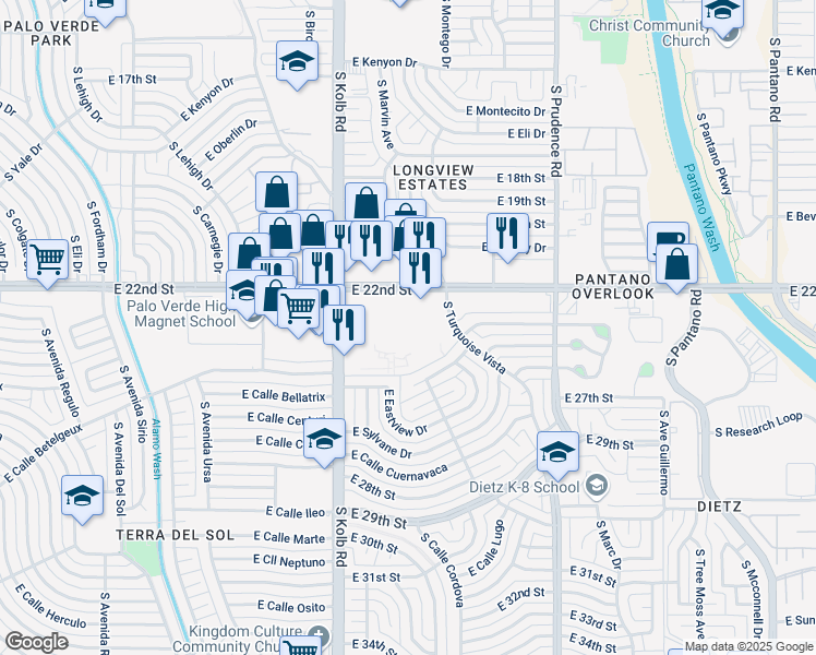 map of restaurants, bars, coffee shops, grocery stores, and more near 1210 South Turquoise Vista in Tucson