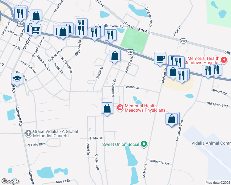 map of restaurants, bars, coffee shops, grocery stores, and more near 400-408 Randolph Drive in Vidalia