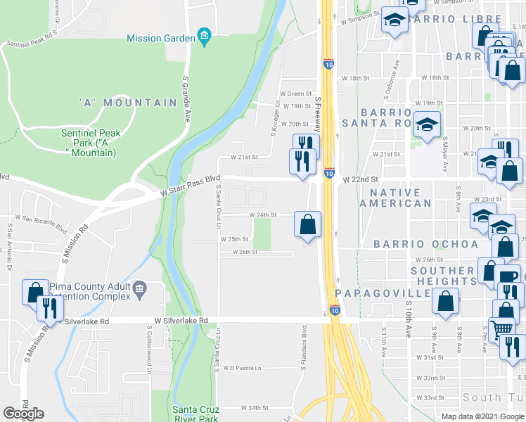 map of restaurants, bars, coffee shops, grocery stores, and more near 861 West Calle Estrella De Noche in Tucson