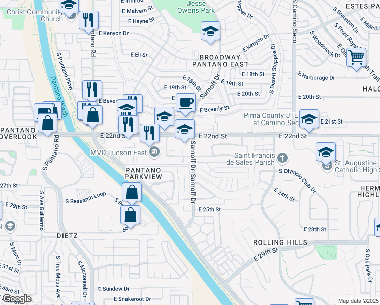 map of restaurants, bars, coffee shops, grocery stores, and more near 8285 East Bowline Road in Tucson