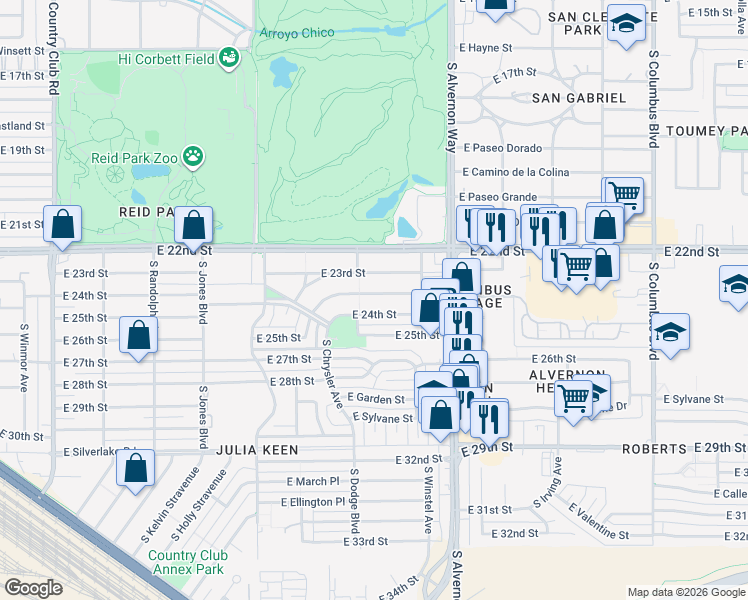 map of restaurants, bars, coffee shops, grocery stores, and more near 3714 East Juarez Street in Tucson