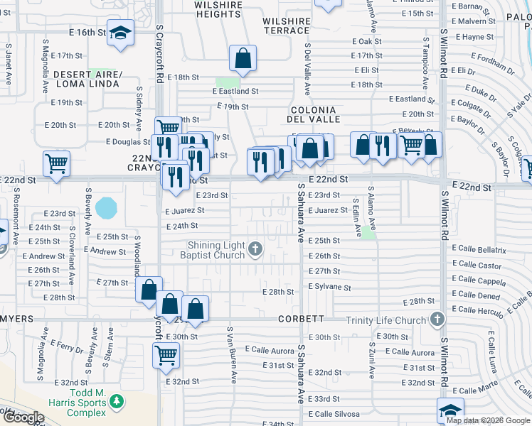 map of restaurants, bars, coffee shops, grocery stores, and more near 5820 East 23rd Street in Tucson