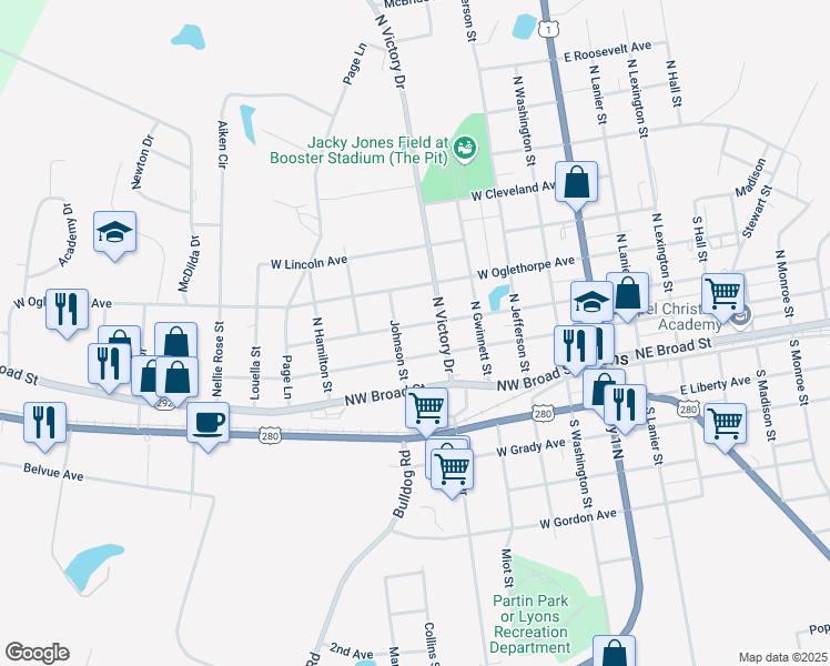 map of restaurants, bars, coffee shops, grocery stores, and more near 307 West Wesley Avenue in Lyons