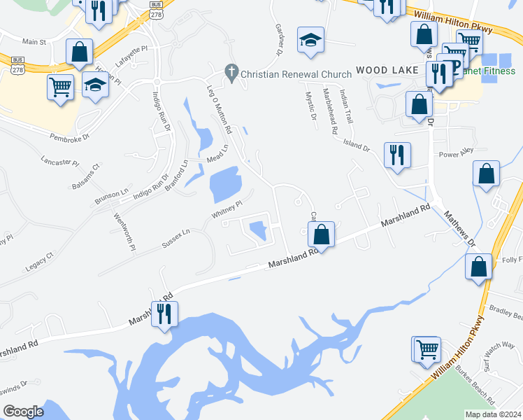 map of restaurants, bars, coffee shops, grocery stores, and more near 76 Victoria Square Drive in Hilton Head Island