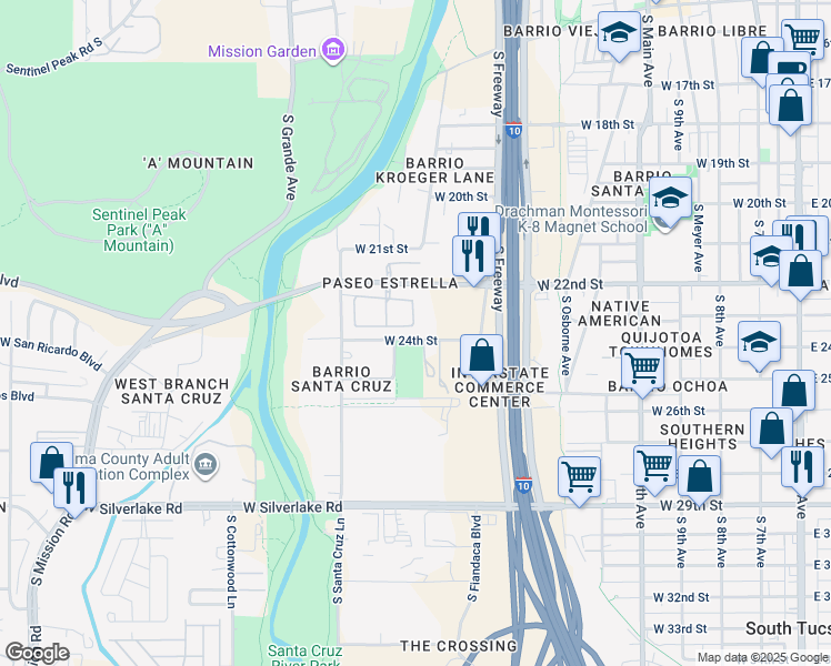 map of restaurants, bars, coffee shops, grocery stores, and more near 861 West Calle Estrella De Noche in Tucson