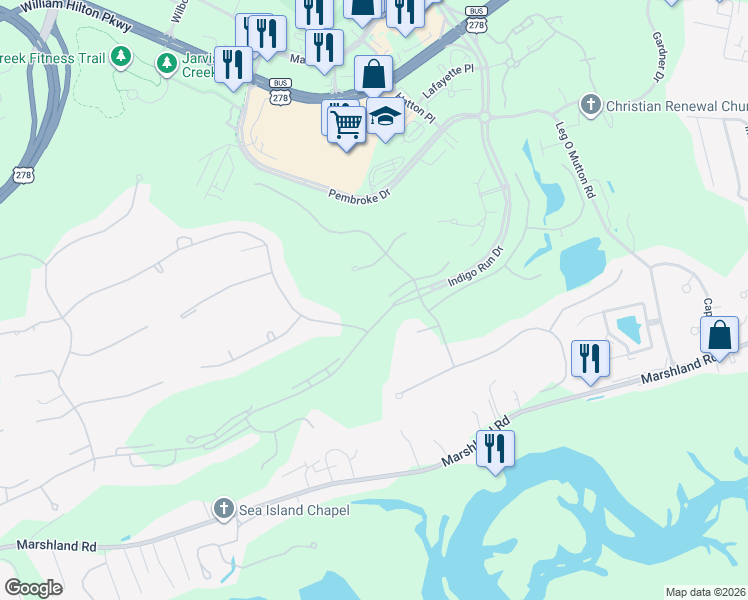 map of restaurants, bars, coffee shops, grocery stores, and more near 1 Brunson Lane in Hilton Head Island