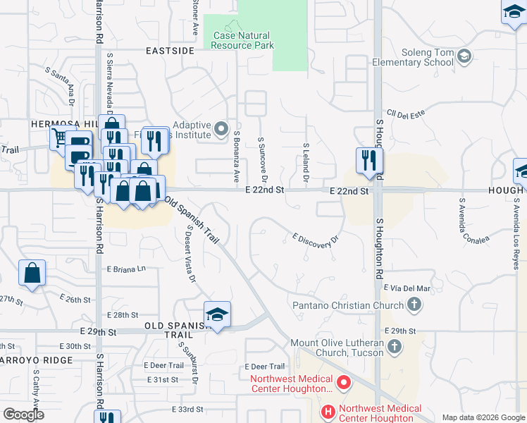 map of restaurants, bars, coffee shops, grocery stores, and more near 9971 East Discovery Drive in Tucson