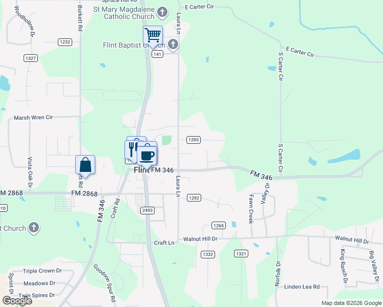 map of restaurants, bars, coffee shops, grocery stores, and more near 10595 Charelle Road in Flint