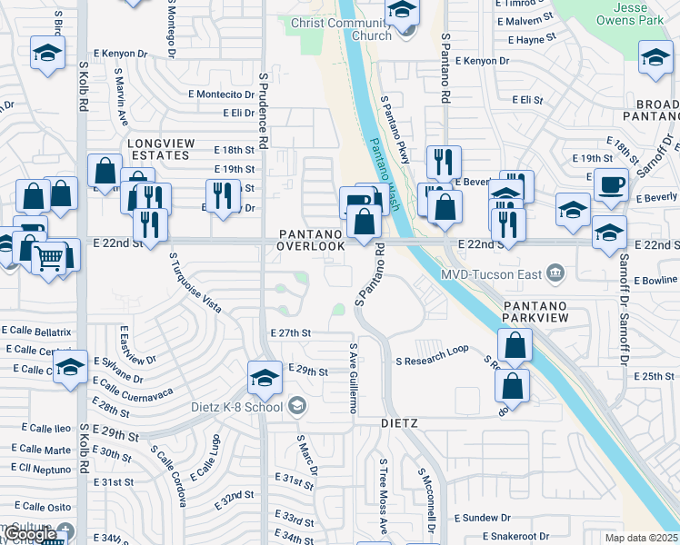 map of restaurants, bars, coffee shops, grocery stores, and more near 7662 East 22nd Street in Tucson
