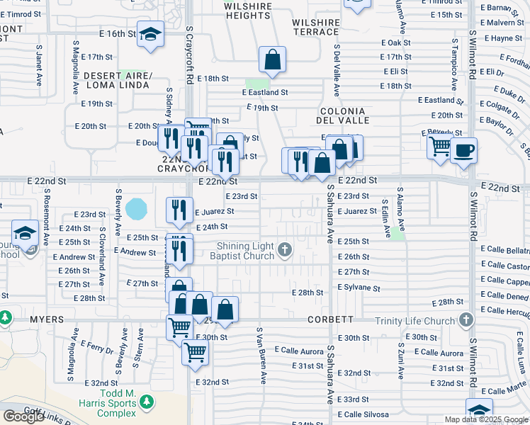 map of restaurants, bars, coffee shops, grocery stores, and more near 5658 East Juarez Street in Tucson