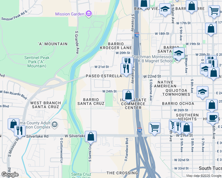 map of restaurants, bars, coffee shops, grocery stores, and more near 861 West Calle Estrella De Noche in Tucson