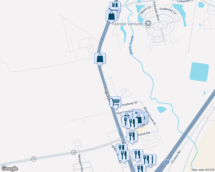 map of restaurants, bars, coffee shops, grocery stores, and more near 7526-7970 Augusta Road in Port Wentworth