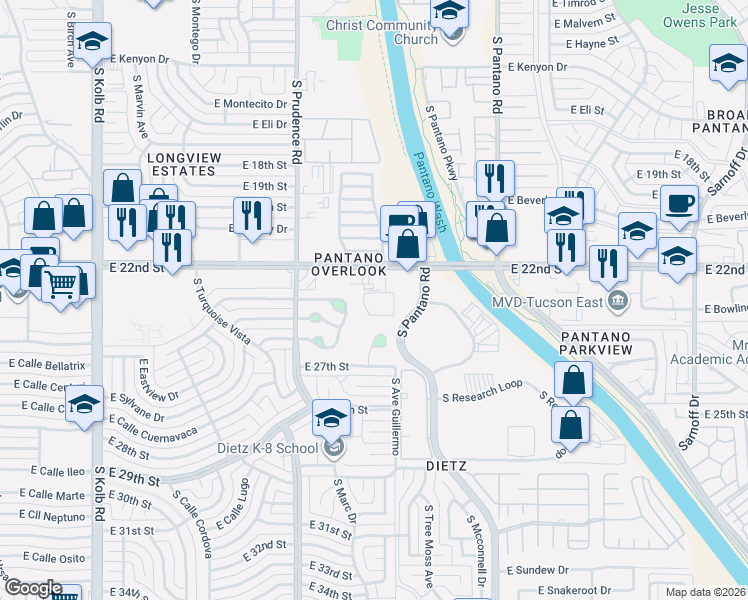 map of restaurants, bars, coffee shops, grocery stores, and more near 7664 East 22nd Street in Tucson