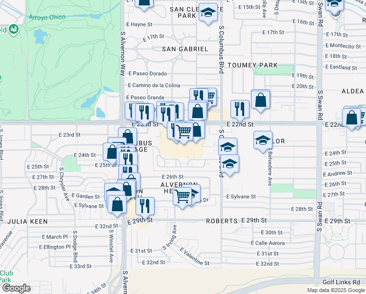 map of restaurants, bars, coffee shops, grocery stores, and more near 4150 East 22nd Street in Tucson