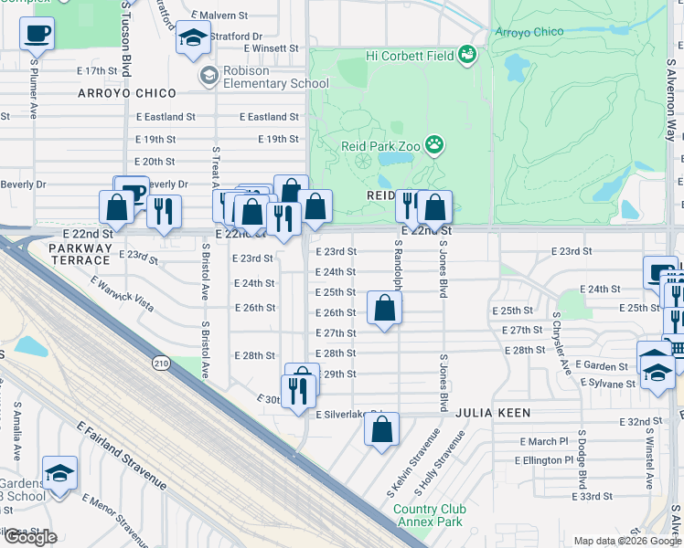 map of restaurants, bars, coffee shops, grocery stores, and more near 3166 E 24th St in Tucson