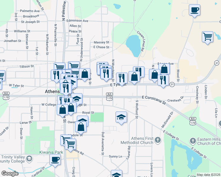 map of restaurants, bars, coffee shops, grocery stores, and more near 113 N Murchison St in Athens