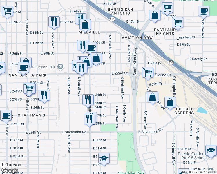 map of restaurants, bars, coffee shops, grocery stores, and more near 1040 East 23rd Street in Tucson