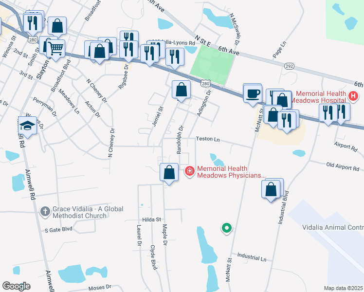 map of restaurants, bars, coffee shops, grocery stores, and more near 400 Randolph Drive in Vidalia