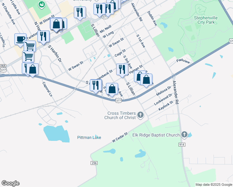 map of restaurants, bars, coffee shops, grocery stores, and more near 938 South 5th Avenue in Stephenville